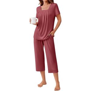 imageEkouaer Pajama Set for Women Short Sleeve Top With Capri Pants Pjs 2 Piece O Neck Loungewear Soft Sleepwear with PocketsDusty Rose