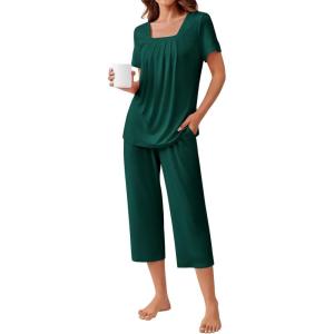 imageEkouaer Pajama Set for Women Short Sleeve Top With Capri Pants Pjs 2 Piece O Neck Loungewear Soft Sleepwear with PocketsGreen