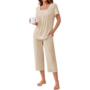 imageEkouaer Pajama Set for Women Short Sleeve Top With Capri Pants Pjs 2 Piece O Neck Loungewear Soft Sleepwear with PocketsKhaki