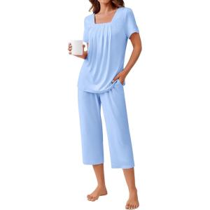 imageEkouaer Pajama Set for Women Short Sleeve Top With Capri Pants Pjs 2 Piece O Neck Loungewear Soft Sleepwear with PocketsLight Blue