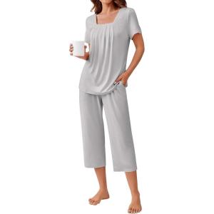 imageEkouaer Pajama Set for Women Short Sleeve Top With Capri Pants Pjs 2 Piece O Neck Loungewear Soft Sleepwear with PocketsLight Grey