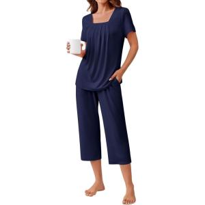 imageEkouaer Pajama Set for Women Short Sleeve Top With Capri Pants Pjs 2 Piece O Neck Loungewear Soft Sleepwear with PocketsNavy Blue