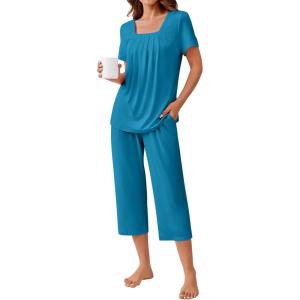 imageEkouaer Pajama Set for Women Short Sleeve Top With Capri Pants Pjs 2 Piece O Neck Loungewear Soft Sleepwear with PocketsPeacock Blue