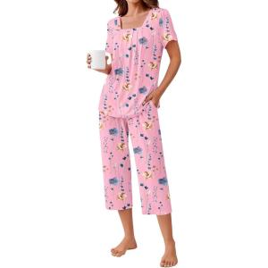 imageEkouaer Pajama Set for Women Short Sleeve Top With Capri Pants Pjs 2 Piece O Neck Loungewear Soft Sleepwear with PocketsPink Flower