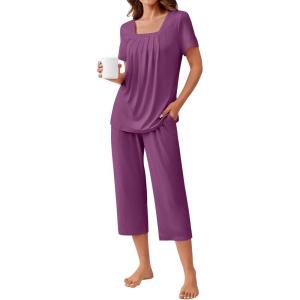 imageEkouaer Pajama Set for Women Short Sleeve Top With Capri Pants Pjs 2 Piece O Neck Loungewear Soft Sleepwear with PocketsPurple