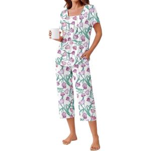 imageEkouaer Pajama Set for Women Short Sleeve Top With Capri Pants Pjs 2 Piece O Neck Loungewear Soft Sleepwear with PocketsPurple Flower