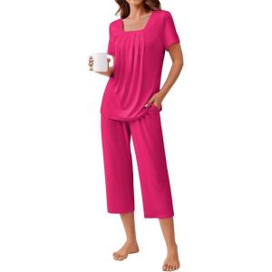 imageEkouaer Pajama Set for Women Short Sleeve Top With Capri Pants Pjs 2 Piece O Neck Loungewear Soft Sleepwear with PocketsRose Red