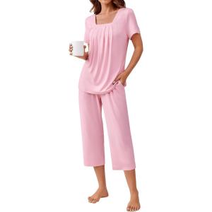 imageEkouaer Pajama Set for Women Short Sleeve Top With Capri Pants Pjs 2 Piece O Neck Loungewear Soft Sleepwear with PocketsVeiled Rose