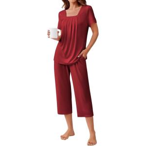 imageEkouaer Pajama Set for Women Short Sleeve Top With Capri Pants Pjs 2 Piece O Neck Loungewear Soft Sleepwear with PocketsWine Red