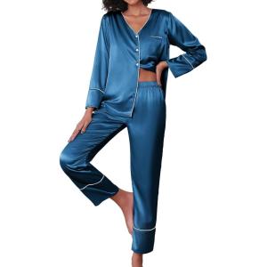 imageEkouaer Silk Satin Pajamas 2 Piece Long Sleeve V Neck Shirt with Pants Pj Sets Silky Sleepwear Loungewear for WomenBlue Green