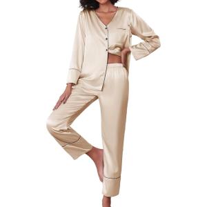 imageEkouaer Silk Satin Pajamas 2 Piece Long Sleeve V Neck Shirt with Pants Pj Sets Silky Sleepwear Loungewear for WomenKhaki