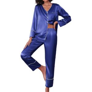 imageEkouaer Silk Satin Pajamas 2 Piece Long Sleeve V Neck Shirt with Pants Pj Sets Silky Sleepwear Loungewear for WomenNavy Blue