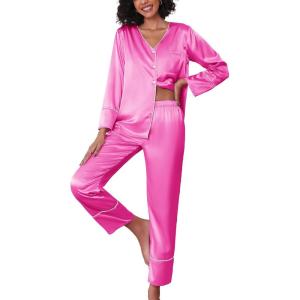 imageEkouaer Silk Satin Pajamas 2 Piece Long Sleeve V Neck Shirt with Pants Pj Sets Silky Sleepwear Loungewear for WomenRose Red