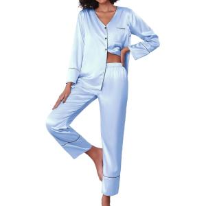 imageEkouaer Silk Satin Pajamas 2 Piece Long Sleeve V Neck Shirt with Pants Pj Sets Silky Sleepwear Loungewear for WomenSky Blue