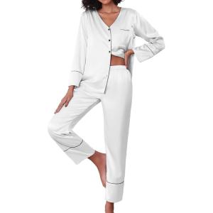 imageEkouaer Silk Satin Pajamas 2 Piece Long Sleeve V Neck Shirt with Pants Pj Sets Silky Sleepwear Loungewear for WomenWhite