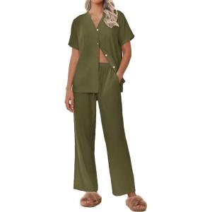 imageEkouaer Women Pajamas Set Short Sleeve Button Down Sleepwear Soft Pjs Loungewear Pants Set SXXLArmy Green