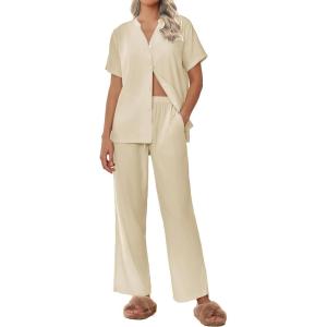 imageEkouaer Women Pajamas Set Short Sleeve Button Down Sleepwear Soft Pjs Loungewear Pants Set SXXLBeige