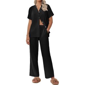 imageEkouaer Women Pajamas Set Short Sleeve Button Down Sleepwear Soft Pjs Loungewear Pants Set SXXLBlack