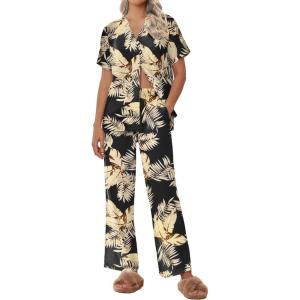 imageEkouaer Women Pajamas Set Short Sleeve Button Down Sleepwear Soft Pjs Loungewear Pants Set SXXLBlack Yellow Leaf