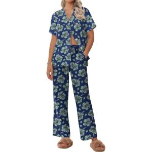 imageEkouaer Women Pajamas Set Short Sleeve Button Down Sleepwear Soft Pjs Loungewear Pants Set SXXLBlue Green Leaf