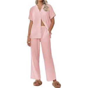 imageEkouaer Women Pajamas Set Short Sleeve Button Down Sleepwear Soft Pjs Loungewear Pants Set SXXLPink
