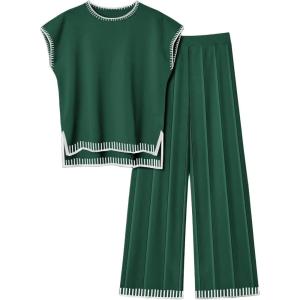 imageEkouaer Womens Matching Sets Knit Sweater Sets 2 Pieces Outfits Pullover Tops Wide Legs Pants Lounge SetBright Green