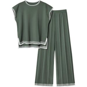 imageEkouaer Womens Matching Sets Knit Sweater Sets 2 Pieces Outfits Pullover Tops Wide Legs Pants Lounge SetDeep Green