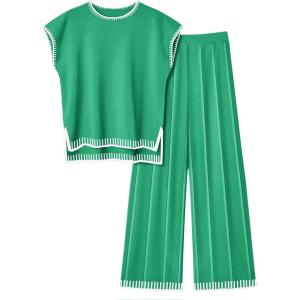 imageEkouaer Womens Matching Sets Knit Sweater Sets 2 Pieces Outfits Pullover Tops Wide Legs Pants Lounge SetGreen