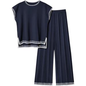 imageEkouaer Womens Matching Sets Knit Sweater Sets 2 Pieces Outfits Pullover Tops Wide Legs Pants Lounge SetNavy Blue