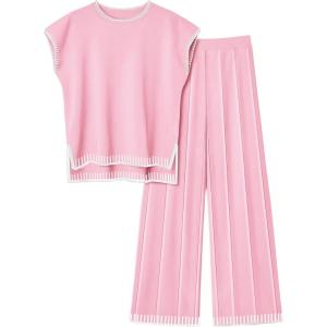 imageEkouaer Womens Matching Sets Knit Sweater Sets 2 Pieces Outfits Pullover Tops Wide Legs Pants Lounge SetPink