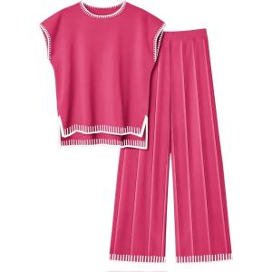 imageEkouaer Womens Matching Sets Knit Sweater Sets 2 Pieces Outfits Pullover Tops Wide Legs Pants Lounge SetRose Red