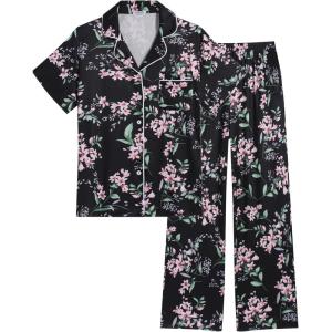 imageEkouaer Womens Pajamas Set Button Down PJs 2 Piece Lounge Set Soft Nightwear Short Sleeve Sleepwear with PocketsBlack Flowers
