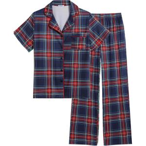imageEkouaer Womens Pajamas Set Button Down PJs 2 Piece Lounge Set Soft Nightwear Short Sleeve Sleepwear with PocketsNavy Blue Plaid