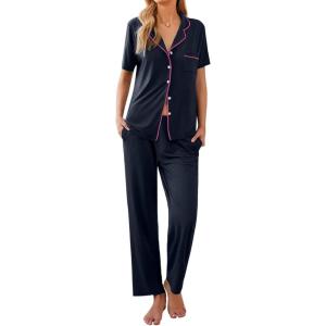 imageEkouaer Womens Pajamas Set Button Down PJs 2 Piece Lounge Set Soft Nightwear Short Sleeve Sleepwear with PocketsNavy Blue and Rose Red