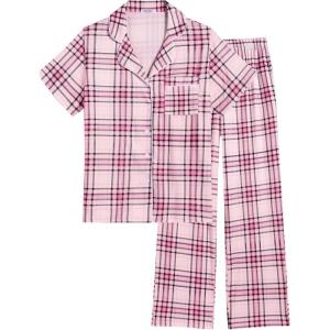 imageEkouaer Womens Pajamas Set Button Down PJs 2 Piece Lounge Set Soft Nightwear Short Sleeve Sleepwear with PocketsPink Plaid