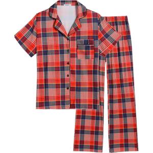 imageEkouaer Womens Pajamas Set Button Down PJs 2 Piece Lounge Set Soft Nightwear Short Sleeve Sleepwear with PocketsSmall Red Black Plaid