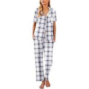 imageEkouaer Womens Pajamas Set Button Down PJs 2 Piece Lounge Set Soft Nightwear Short Sleeve Sleepwear with PocketsWhite Plaid