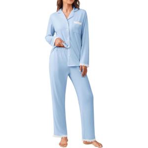 imageEkouaer Womens Pajamas Set Long Sleeve Sleepwear Button Down Lounge Set 2 Pieces Soft Nightwear Lace Pjs SetClear Blue