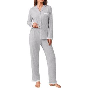 imageEkouaer Womens Pajamas Set Long Sleeve Sleepwear Button Down Lounge Set 2 Pieces Soft Nightwear Lace Pjs SetGrey