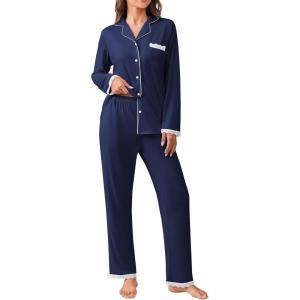 imageEkouaer Womens Pajamas Set Long Sleeve Sleepwear Button Down Lounge Set 2 Pieces Soft Nightwear Lace Pjs SetNavy Blue