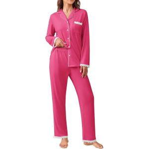imageEkouaer Womens Pajamas Set Long Sleeve Sleepwear Button Down Lounge Set 2 Pieces Soft Nightwear Lace Pjs SetRose Red