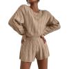 imageEkouaer Knit Lounge Sets for Women 2 Piece Cozy Long Sleeve Pullover Sweater Top and Shorts Set Sweatsuit OutfitsKhaki