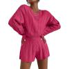 imageEkouaer Knit Lounge Sets for Women 2 Piece Cozy Long Sleeve Pullover Sweater Top and Shorts Set Sweatsuit OutfitsRose Red