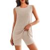 imageEkouaer Womens 2 Piece Lounge Set Ribbed Knit Pajamas Sleeveless Sleepwear Biker Shorts Loungewear Outfit SXXLBeige
