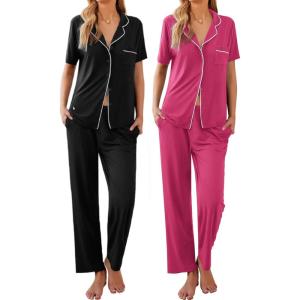 imageEkouaer 2 PackWomens Pajamas Short Sleeve Pjs Notch Collar Button Up Loungewear Cozy Sleepwear SetsBlackhot Pink