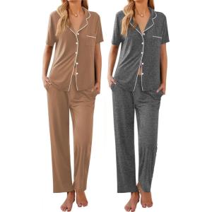 imageEkouaer 2 PackWomens Pajamas Short Sleeve Pjs Notch Collar Button Up Loungewear Cozy Sleepwear SetsBrownmedium Gray