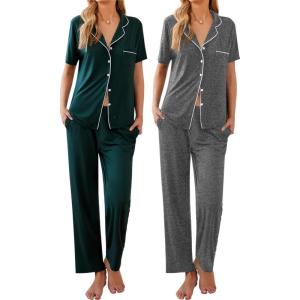 imageEkouaer 2 PackWomens Pajamas Short Sleeve Pjs Notch Collar Button Up Loungewear Cozy Sleepwear SetsDark Greydark Green