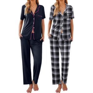 imageEkouaer 2 PackWomens Pajamas Short Sleeve Pjs Notch Collar Button Up Loungewear Cozy Sleepwear SetsDeep Blueblack Plaid