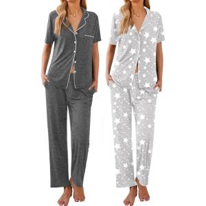imageEkouaer 2 PackWomens Pajamas Short Sleeve Pjs Notch Collar Button Up Loungewear Cozy Sleepwear SetsMedium Graystars