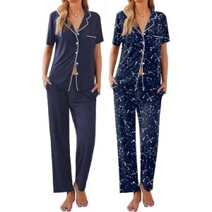 imageEkouaer 2 PackWomens Pajamas Short Sleeve Pjs Notch Collar Button Up Loungewear Cozy Sleepwear SetsNavy Bluedeep Blue Star